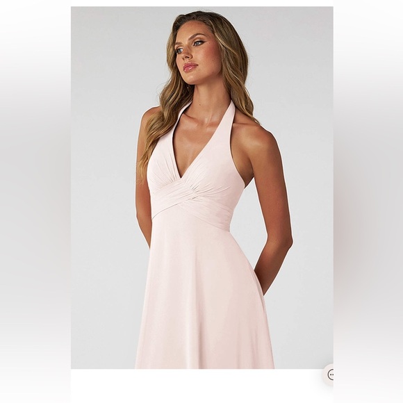 Azazie LongTessie Dress in “Rose Petal” women’s 2 pink chiffon wedding V Neck - Picture 2 of 9
